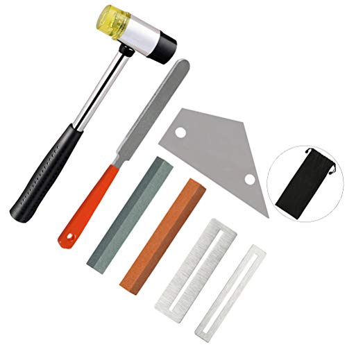 YANSHON Kit Guitarra Luthier 8PCS, Martillo Guitarra de Goma de Doble Cabeza, Lima de Luthier de Traste Guitarra, Balancín Acero INOX, 2 Protectores Tabla de Dedos, 2 Piedra molienda, 1 Custodia Cover