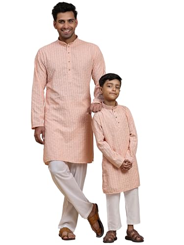 Image of Pro-Ethic Style Developer Men Silk Striped Father Son Matching Ethnic Wear Embroidery Mirror Work Kurta Pyjama Set |(Combo)B-117