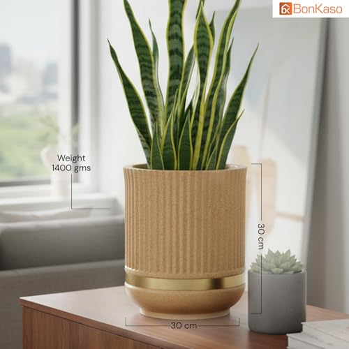 Image of BonKaso 14 Inch Tower Plant Pot for Indoor & Outdoor | Modern Lightweight Polymer Planter | Weather, UV & Frost Resistant | Ideal for Living Room, Balcony, Office & Nursery (Beige)