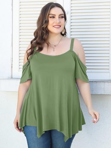 Image of LARACE Cold Shoulder Tops for Womens Summer Clothes Spaghetti Strape Tunic Oversized Shirts Asymmetrical Plus Size Blouse