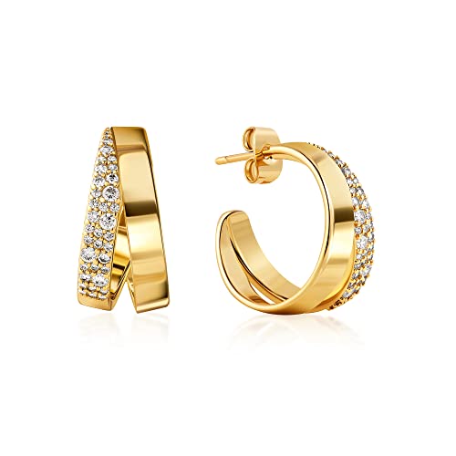 Barzel 18K Gold Plated Half Hoop Cubic Zirconia Earrings for Women - Made In Brazil