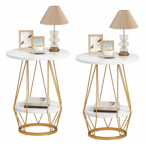 DWVO 2PCS Gold End Table, Modern Round Side Table with 2-Tier Storage Sheld, Small Sofa Table Coffee Table with Faux Marble Top for Living Room, Bedroom, White & Gold