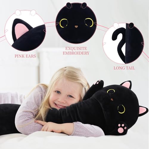 Image of MaoGoLan 44'' Black Cat Plush Body Pillow, Giant Stuffed Cat Pillow for Kid Adult, Soft Kawaii Kitten Stuffed Animal Hugging Pillow, Large Kitty Plush Gift for Girl Boy, Birthday Baby Shower Decor
