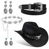 Western Black Cowgirl Hat Set with Belt Belly Chain Earrings for Women Fedora Wide Brim Cowboy Hats for Cosplay Party