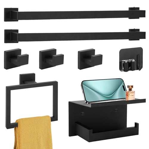 Lot de 8 accessoires de salle de bain noirs de 60 cm avec 2 barres porte-serviettes en acier inoxydable