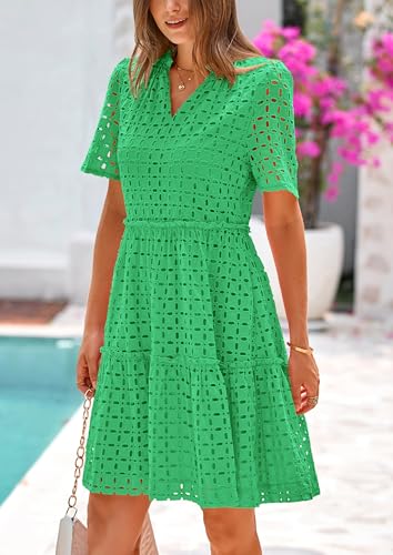 PRETTYGARDEN Eyelet Dresses for Women 2026 Summer Short Sleeve V Neck Hollow Out Ruffle A Line Boho Beach Vacation Mini Dress (Green,X-Large) — view 4