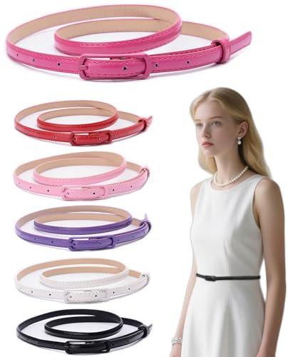 Women Skinny Belts 6 Pack, PU Leather Thin Waist Belts for Dresses, Jeans, Pants with Buckle, Fashion Slim Leather for outfit