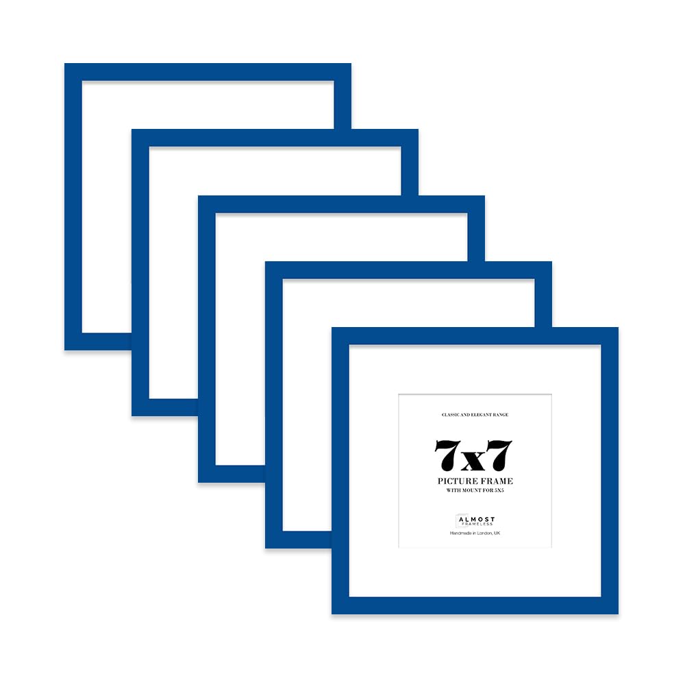 7x7 Blue Picture Frame with Mount for 5x5 Photos, Prints - Modern Square Wall Frame, Set of 5