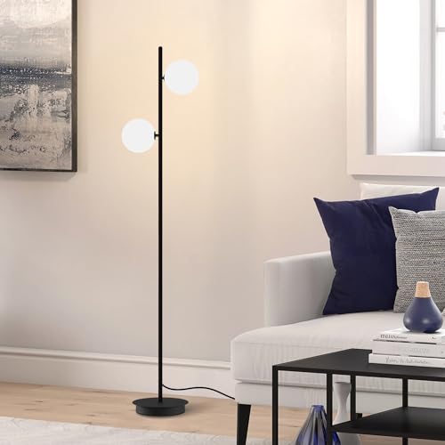 Image of Black Floor Lamp 2-Light Modern White Frosted Glass Freestanding Lamp Mid Century Globe Floor Lamps for Vintage Standing Pole Lamp for Bedroom Living Room Hotel