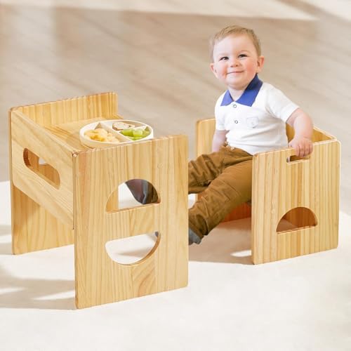FUNLIO Juego de Mesa y Silla Montessori de Altura Ajustable para Edades 1-3, de Madera Maciza para Niños Pequeños, para Leer/Comer/Jugar - Natural