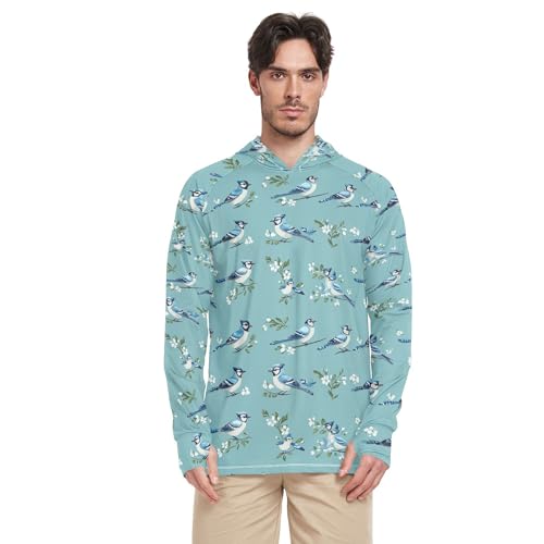 Funny Blue Jay Birds Turquoise Men's Sun Shirts Hoodies Long Sleeve Cooling Hoodies UPF 50+ Farmer Shirt S