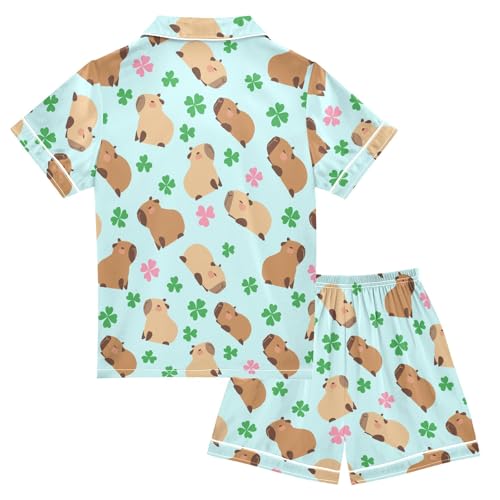 Capybara with Lucky Clover Blue Summer Satin Pajama Set, Cute Button-Down Sleepwear Pj Set for Sleep Wears2