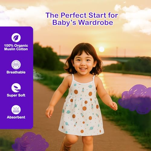 Image of Kidbea Muslin Frock for Baby Girls | Cotton Dress for Newborn Babies | Sleeveless, Tie-Up Shoulders Summer Wear Clothes