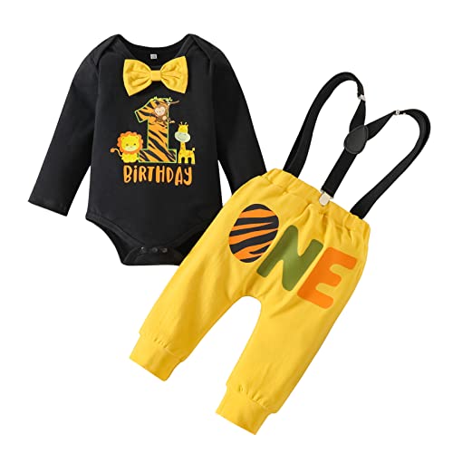 Qiraoxy Conjunto de 3 piezas de traje de cumpleaños para bebé niño de manga corta + pantalones cortos + tirantes en Y con pajarita para caballero, Negro, 6-12 Meses Cover