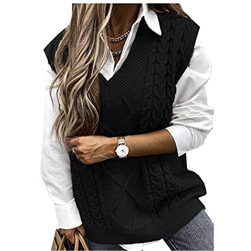 Image of Women's Sweater Vest,Long Cable Loose Knitted Sleeveless V Neck Casual Sweaters Tank Top S~XL