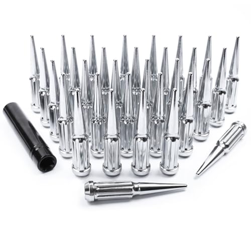Image of 32PC M14X1.5 Thread Lug NutsSpike Spline -Chrome 14x1.5 4.4 inch Tall with 1 Socket Key Compatible with Chevy Silverado 1999-2023 2500hd 3500hd GMc Sierra Yukon Ford F250-350 Dodge Ram 2500 3500