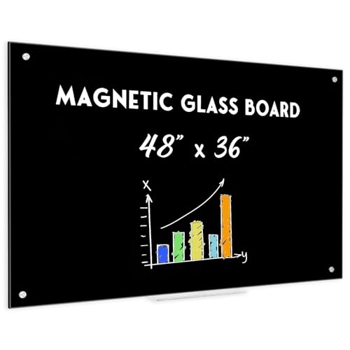QUEENLINK Black Dry Erase Board, 4' x 3' Magnetic Glass Whiteboard for Wall,48