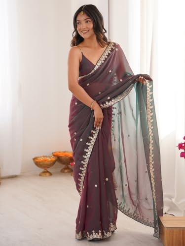 Image of AKHILAM Women's Shimmer Chiffon Sequence Embroidery Saree With Unstitched Blouse Piece(AARYAN21601 KR Parent)