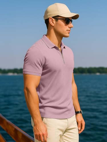 Image of Veirdo Men's Cotton Pique Polo | Premium Zip Neck Casual T-Shirt | Half Sleeve | Black Beauty, Serenity, Wheat, Zephyre