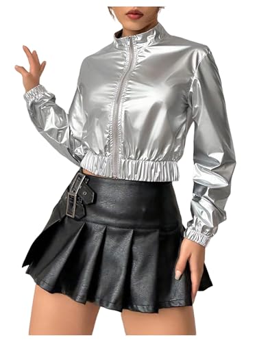 OYOANGLE Women's Metallic Zip Up Crop Jacket Long Sleeve Mock Neck Bomber Jackets Outerwear