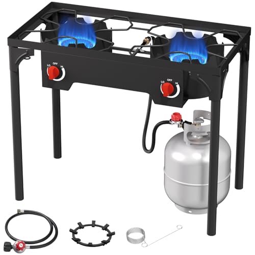 ADREAK 2 Burner Gas Stove, High Pressure Outdoor Propane Burner with Detachable Legs, 150,000 BTU Camping Stove Outdoor Burner with 0-20 PSI Regulator for Camping, Backyard, Outdoor Cooking