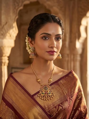Image of Traditional Gold-Plated Lakshmi Temple Pendant Necklace Set for Women | Antique South Indian Jewelry with Jhumka Earrings | Ethnic Bridal, Wedding & Festive Jewelry Set