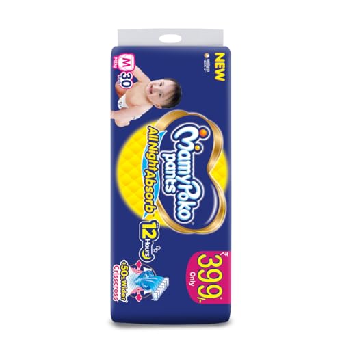 Image of MamyPoko Pants All Night Absorb Baby Diapers, Medium (M), 30 Count 7-12 kg