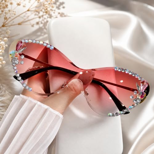 Image of Rhinestone Cat Eye Sunglasses for Women, Rimless Pink-UV Protected-Pack of 1