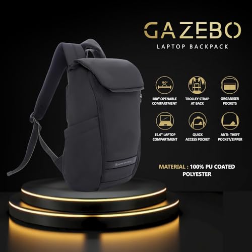 Image of SWISS MILITARY Black & Gold Collection Gazebo Laptop Backpack, PU Coated Water-Resistant Material,15.6 inch Laptop, 180 Openable Compartment & Quick Access & Anti-Theft Pocket with Trolley Strap, (21L)