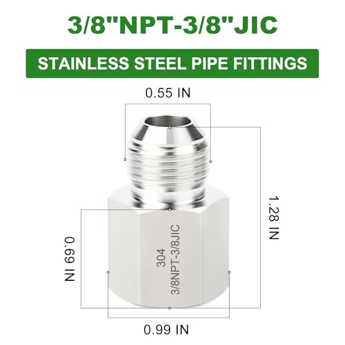 Image of TAISHER 2PCS Forging of 304 Stainless Steel JIC Flare Tube Fittings,3 /8 inch JIC Male x 3 /8 inch NPT Female,Half Union