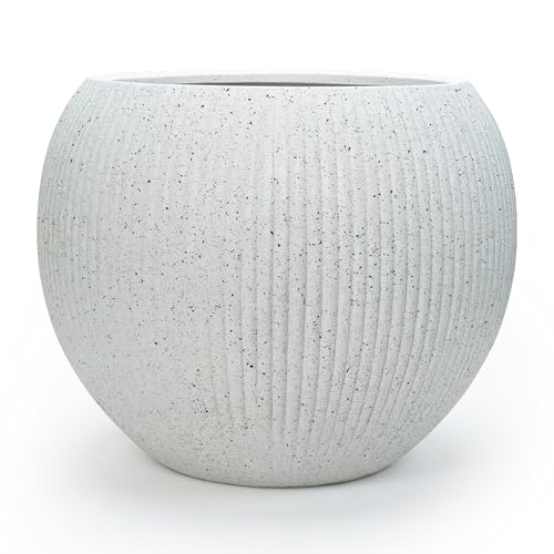 DTY Premium Mt Sherman Fiberstone Sphere Planter for Indoor Outdoor Use, Round Pot for Olive Tree, Lightweight, Smooth Finishes. 2 Coco Mats. Ribbed White, Small 12.6" D x 10'' H. 8.5” Pot Opening