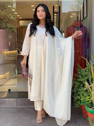 Image of GoSriKi Women Viscose Straight Kurta with Palazzo and Dupatta | Embroidered Kurta Set for Women | V-Neck Straight Ethnic Kurta Palazzo Outfit for Casual Festive & Party