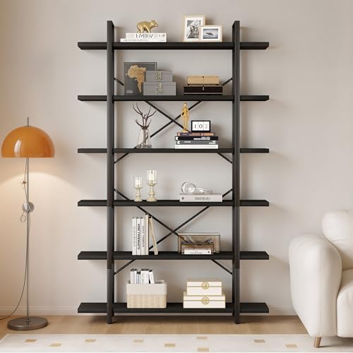 HSH 6 Ebenen Bücherregal Industriell Standregal Vertikal Regal Büroregal Metall und Holz Modern Bücherregal für Wohnzimmer Arbeitszimmer Schlafzimmer Büro