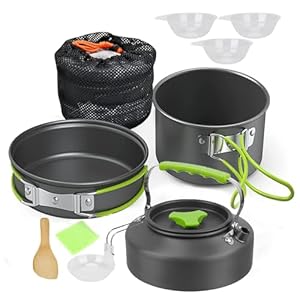 Campingkookgerei, 10-delige set, campingpot met opbergtas, voor 3 of 4 personen, campingkoken, buiten, grijs, 15-18 cm