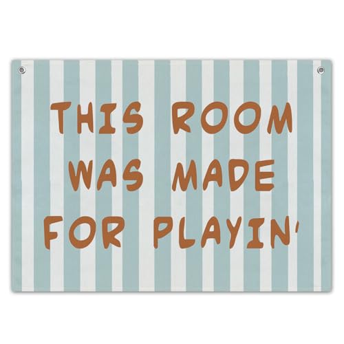 Image of Playroom Wall Decor, This Room Was Made For Playin' Linen Canvas Banner, Blue Wall Hanging Flag for Kids Room Nursery Classroom, 20x30 Inch -A14