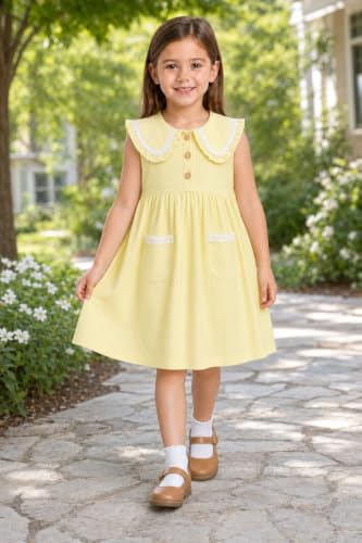 Image of HILEELANG Girls Cotton Dress Sleeveless Peter Pan Collar with Pockets | Soft Cotton, Functional Buttons, Front Pockets, Peter Pan Collar, Ric Rac Trim for Toddler & Little Girls