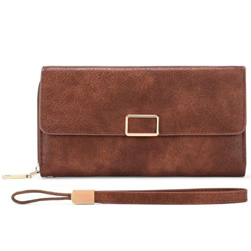 Image of Women Leather Wallet Crossbody Shoulder Bag with Double Zipper and Mobile Phone Purse with Shoulder Strap