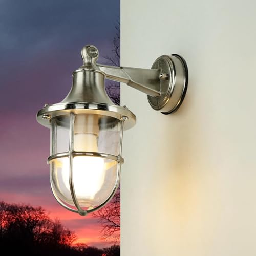 [Design classico marittimo]: questa lampada da parete marittima per esterni in vero ottone in nichel è antica e nostalgica e porta il fascino di una vecchia lanterna per navi al tuo esterno, ideale come elegante lanterna da esterno