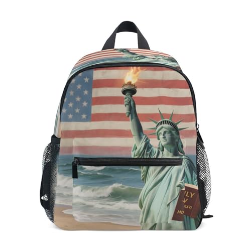 Wudan Statue Of Liberty and Flag School Kid Backpack Bottle Pockets Childrens Kids Bookbag for Airplane M