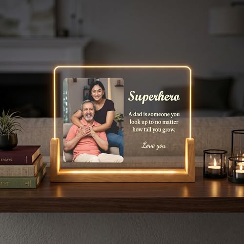 Image of Giftplease Personalized Acrylic LED Photo Frame for Dad | Customized Night LIght with Photo & Message | Warm light Wooden Base Table Lamp | Birthday, Father's Day for Father