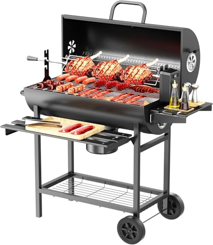 Forubar Automatic Rotating BBQ Grill Outdoor with Adjustable Charcoal Pan Thermometer Barbecue Grill for Outdoor Picnic Backyard Patio and Parties