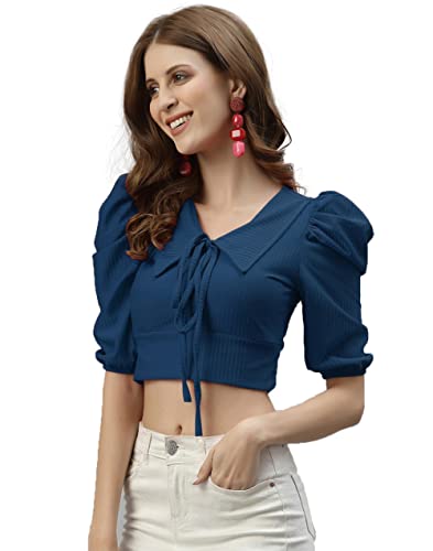 Image of Mehrang Women's Solid Ribbed Crop Tank Top Ribbed Tops for Women V-Neck 3 /4th Balloon Sleeves