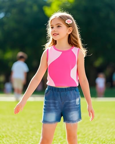 Image of YOURUIKER Girls Summer Outfit Kids Sleeveless Cute Tank Crop Top Pocketed Demi Jeans Set Tween Girl Preppy Clothes Size 5-12Y