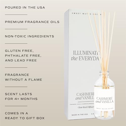 Image of Sweet Water Decor Non-Toxic Cashmere and Vanilla Reed Diffuser Set, Cashmere, Sandalwood, Milky Coconut, Bourbon Vanilla Scented Diffuser for Home, Light Fragrance, Made in the USA, 3.5 FL OZ