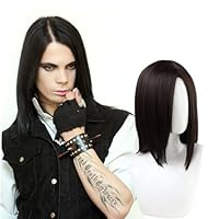 FOUNSHO Schwarz Perücke Herren, 35CM/ 13.78’’Lang Gerade Perrücke für 70er 80er Cosplay Halloween, Männer Haar Perücken Rockstar Herrenperücke für Täglich Fasching Dress Cosplay Perücke