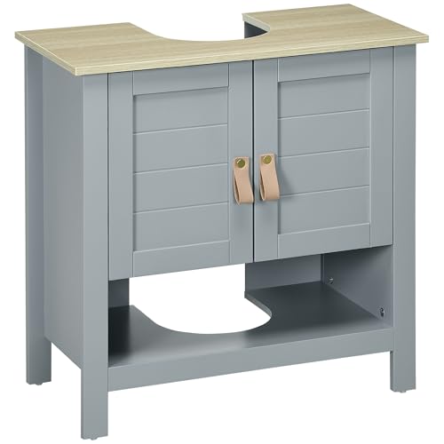 kleankin Armario para Debajo de Lavabo Compacto con 2 Puertas y Estante Interior Ajustable Mueble Auxiliar de Almacenamiento para Baño 60x30x60 cm Gris