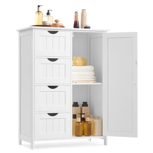 VASAGLE Badezimmerschrank, schmaler Badschrank, Beistellschrank, Kommode, mit 4 Schubladen, Schranktür, verstellbare Ablage, 35 x 65 x 90 cm, wolkenweiß LHC042W01