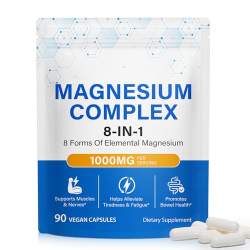 Magnesium Complex Supplement 90 Count 8-in-1 Magnesium Complex Capsules Easy Absorption for Sleep Muscle Relaxation Nerve & Heart Health Energy Non-GMO Vegan