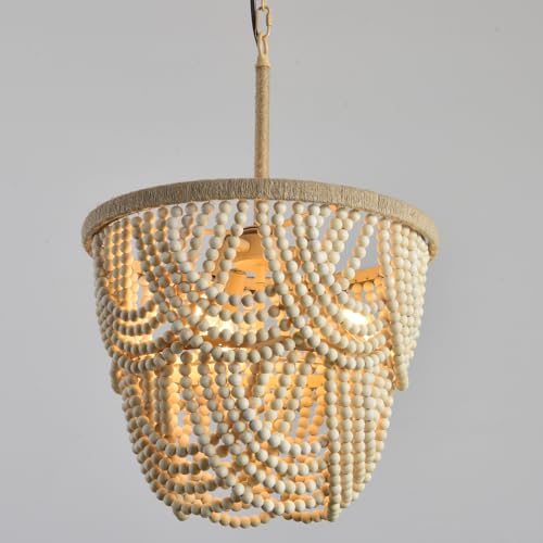 Topaluce Wood Beaded Chandelier 3-Lights Rustic Antique Coastal Boho Pendant Light Fixtures for...