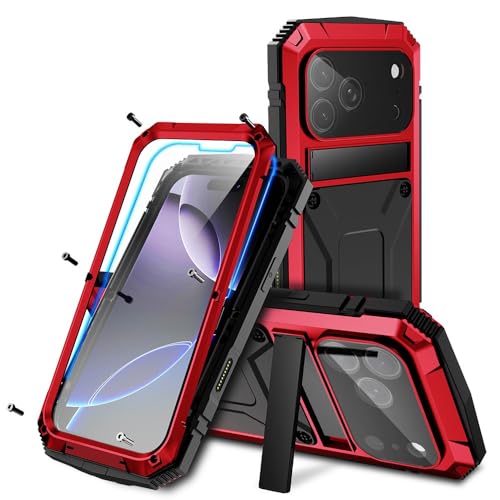 Coque iPhone 17 Pro Max rouge en métal et silicone avec support rigide
